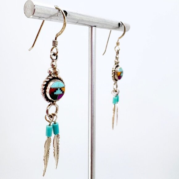 Sterling Silver 925 Zuni Turquoise Coral Inlay Feather Dangle Earrings 2" Length - Picture 2 of 8